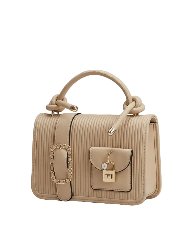 Nude Ribbed Top-Handle Handbag – Designer Style Utility Bag with Gold Chain & Padlock Detail