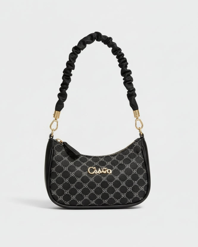 Monogram Crescent Hobo – Beige Jacquard Bag with Ruched Leather Handle