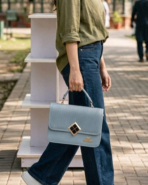 Serene Sky Ribbed Satchel – Modern Textured Vegan Leather Handbag with Diamond Clasp