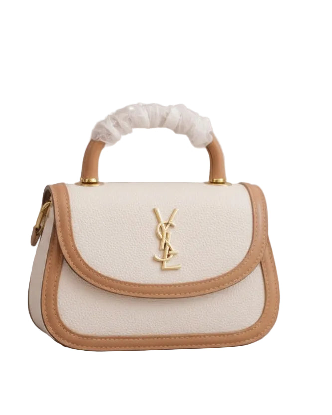 Luxury Two-Tone Top-Handle Bag – Cream & Tan Crossbody Purse with Gold Monogram Logo - LAB BEAUTY