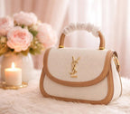 Luxury Two-Tone Top-Handle Bag – Cream & Tan Crossbody Purse with Gold Monogram Logo