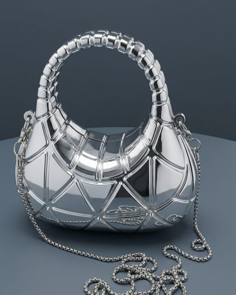 Silver Geometric Crescent Hobo Bag – 3D Chrome with Chain Strap