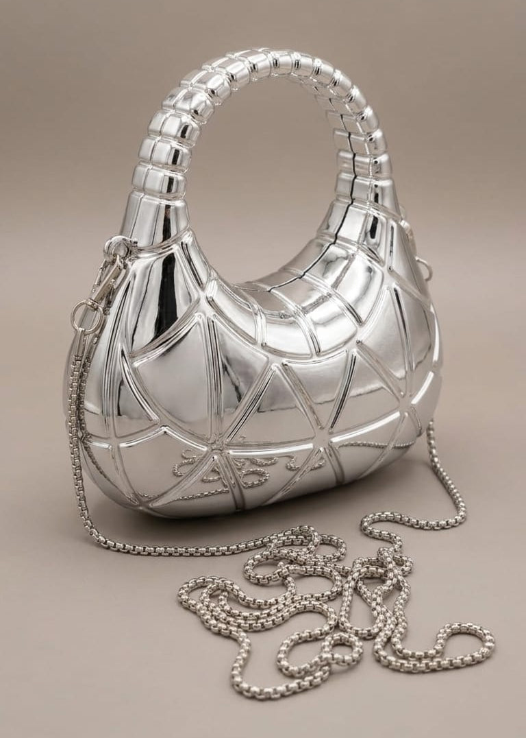 Silver Geometric Crescent Hobo Bag – 3D Chrome with Chain Strap