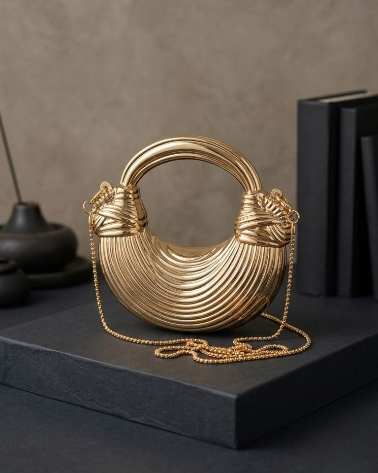 Silver Geometric Crescent Hobo Bag – 3D Chrome with Chain Strap