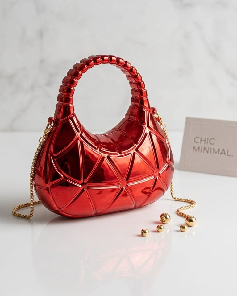 Silver Geometric Crescent Hobo Bag – 3D Chrome with Chain Strap