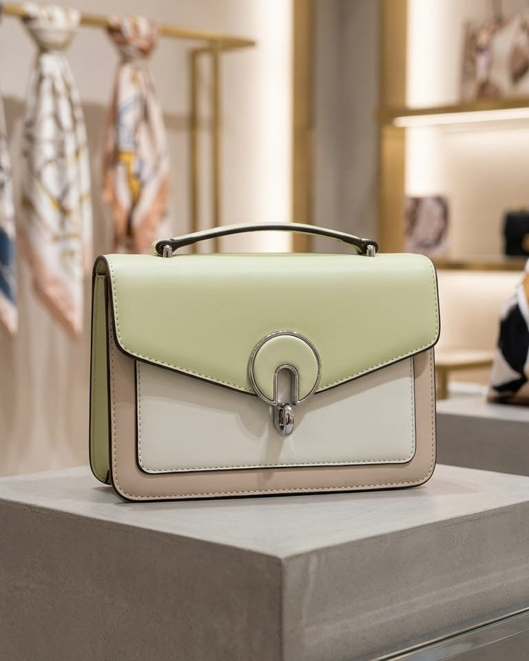 Elegant Tri-Color Pastel Satchel Bag – Minimalist Leather Top-Handle Handbag with Horseshoe Clasp