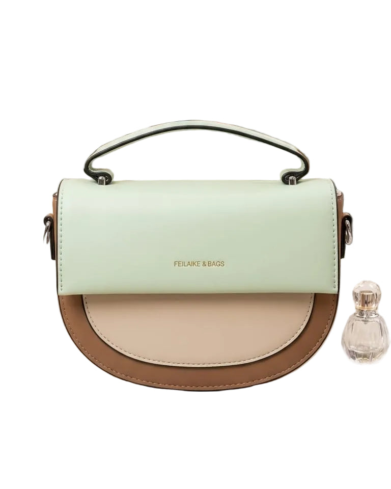 Chic Color-Block Half-Moon Saddle Bag – Mint & Neutral Earth Tones Top-Handle Crossbody