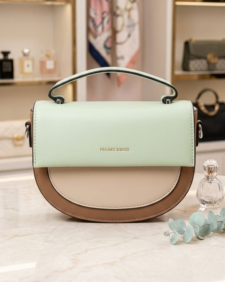 Chic Color-Block Half-Moon Saddle Bag – Mint & Neutral Earth Tones Top-Handle Crossbody