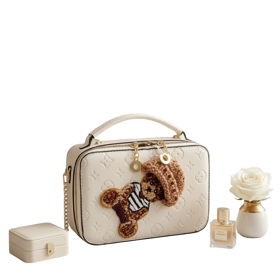 Luxury Embossed Cream Bear Vanity Crossbody Bag – Chic Designer Style Top-Handle Purse