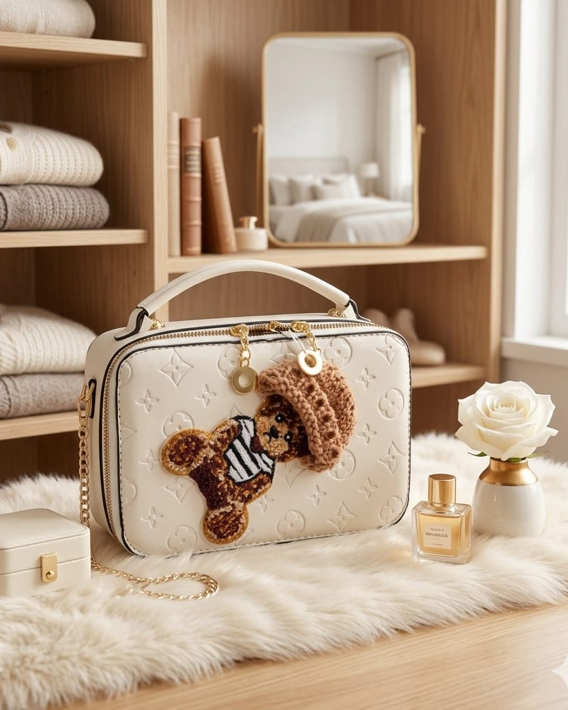 Luxury Embossed Cream Bear Vanity Crossbody Bag – Chic Designer Style Top-Handle Purse