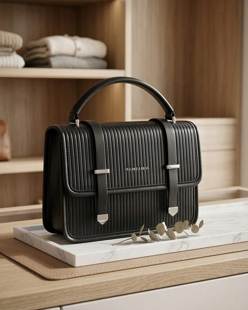 Modern Ribbed Matte Black Satchel – Elegant Top-Handle Business & Casual Handbag