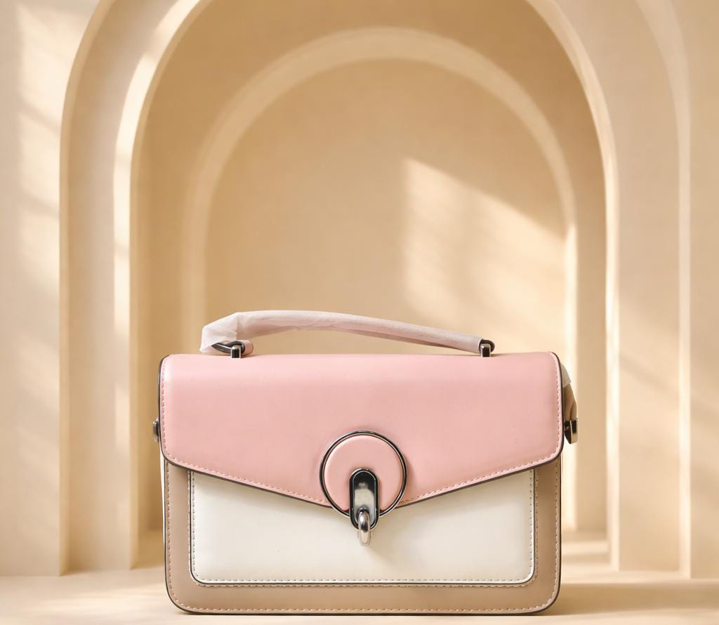 Elegant Tri-Color Pastel Satchel Bag – Minimalist Leather Top-Handle Handbag with Horseshoe Clasp