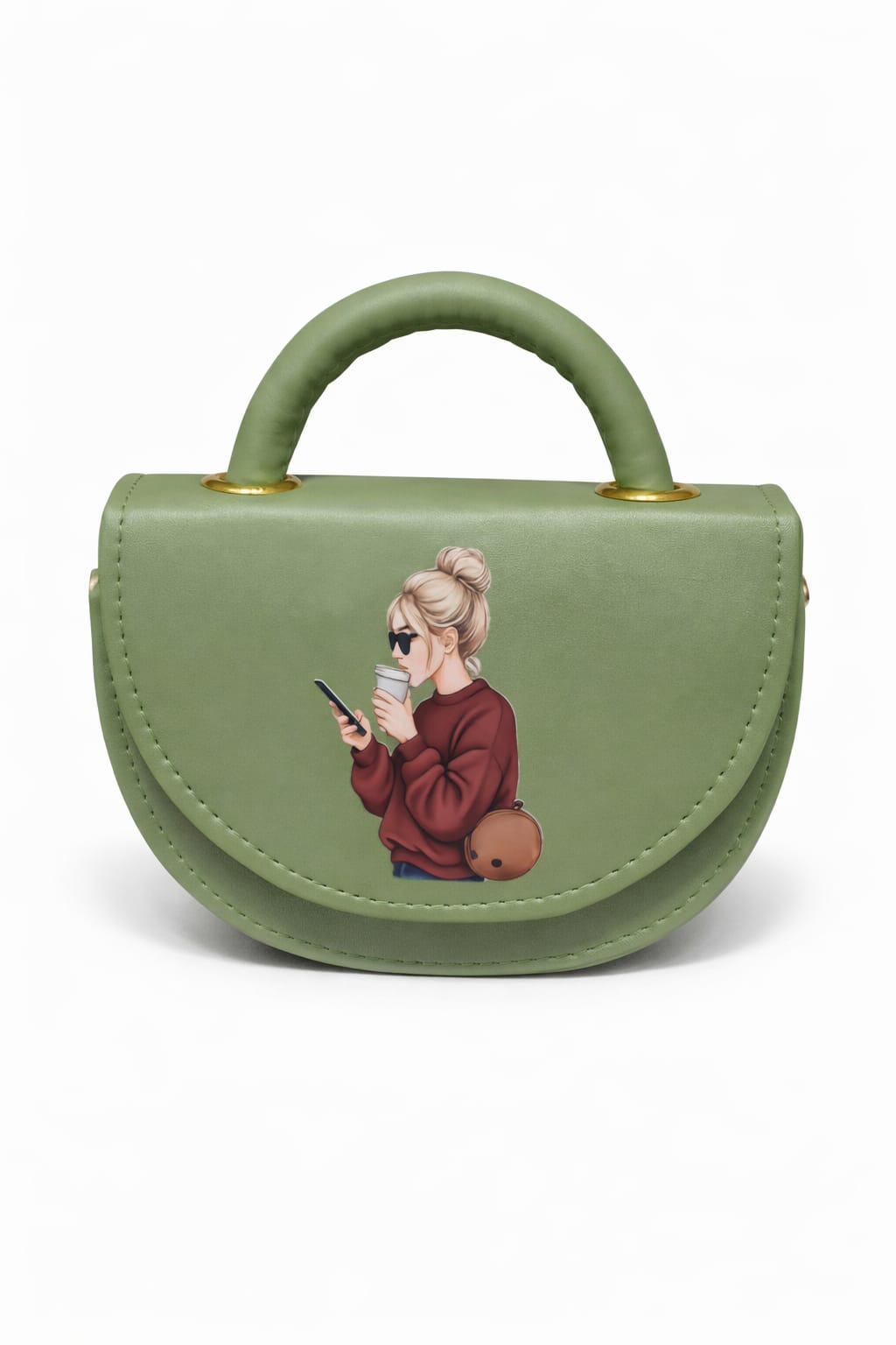 Urban Chic Mini Saddle Bag – Sage Green Vegan Leather Handbag with Lifestyle Graphic