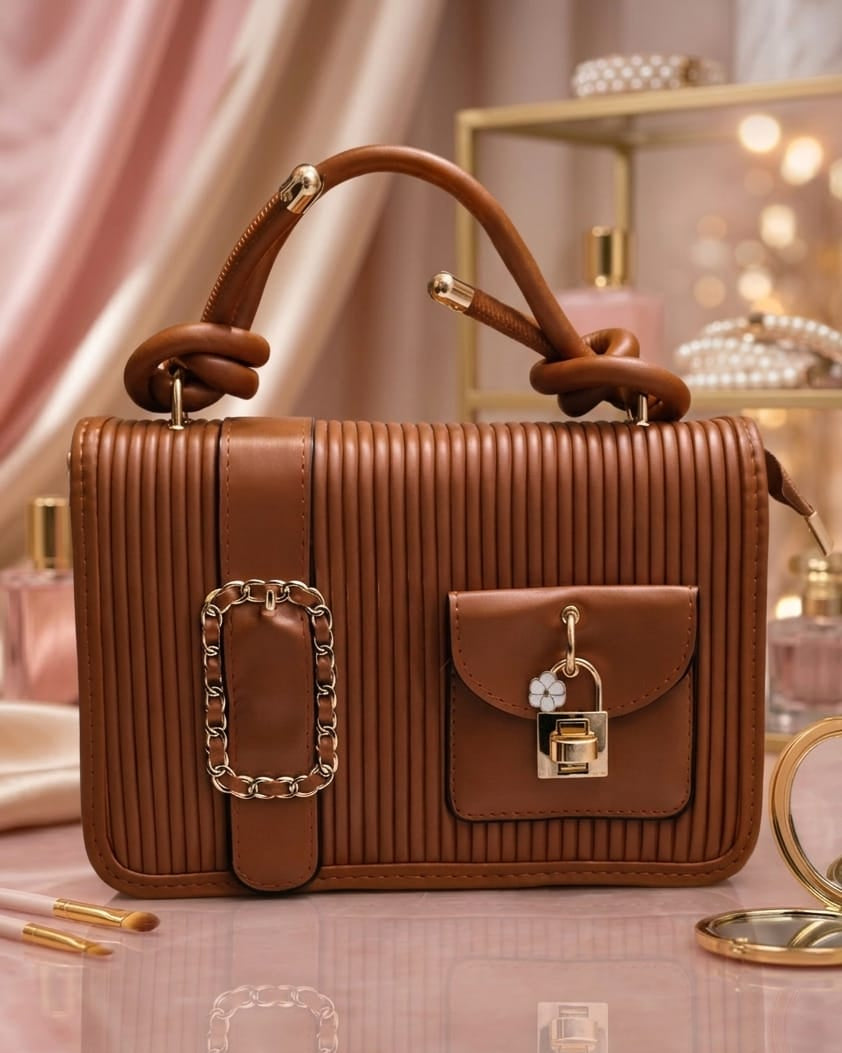 Nude Ribbed Top-Handle Handbag – Designer Style Utility Bag with Gold Chain & Padlock Detail