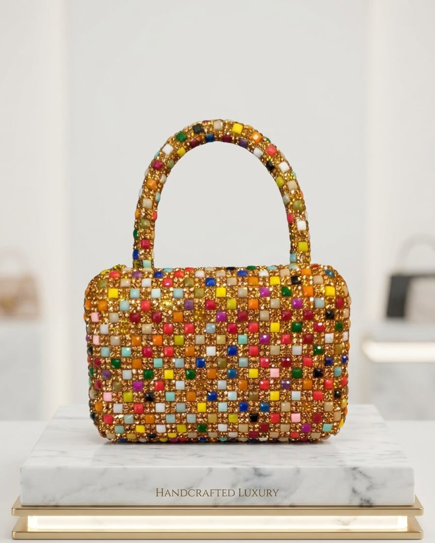 Prism Mosaic Mini Tote – Handcrafted Multicolored Crystal & Bead Luxury Handbag