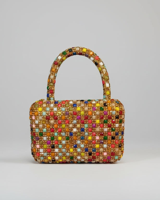 Prism Mosaic Mini Tote – Handcrafted Multicolored Crystal & Bead Luxury Handbag
