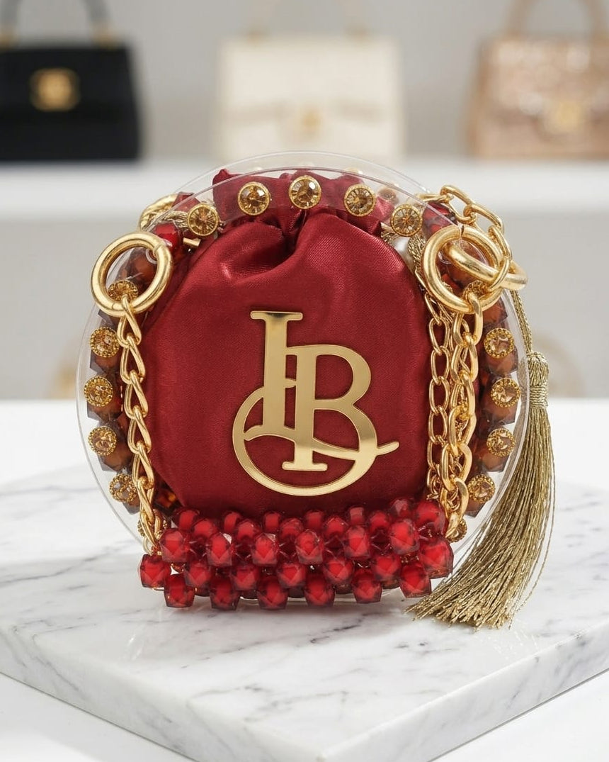 Product Title Luxury Circular Mini Acrylic Bag – Beaded Monogram Statement Clutch with Satin Pouch