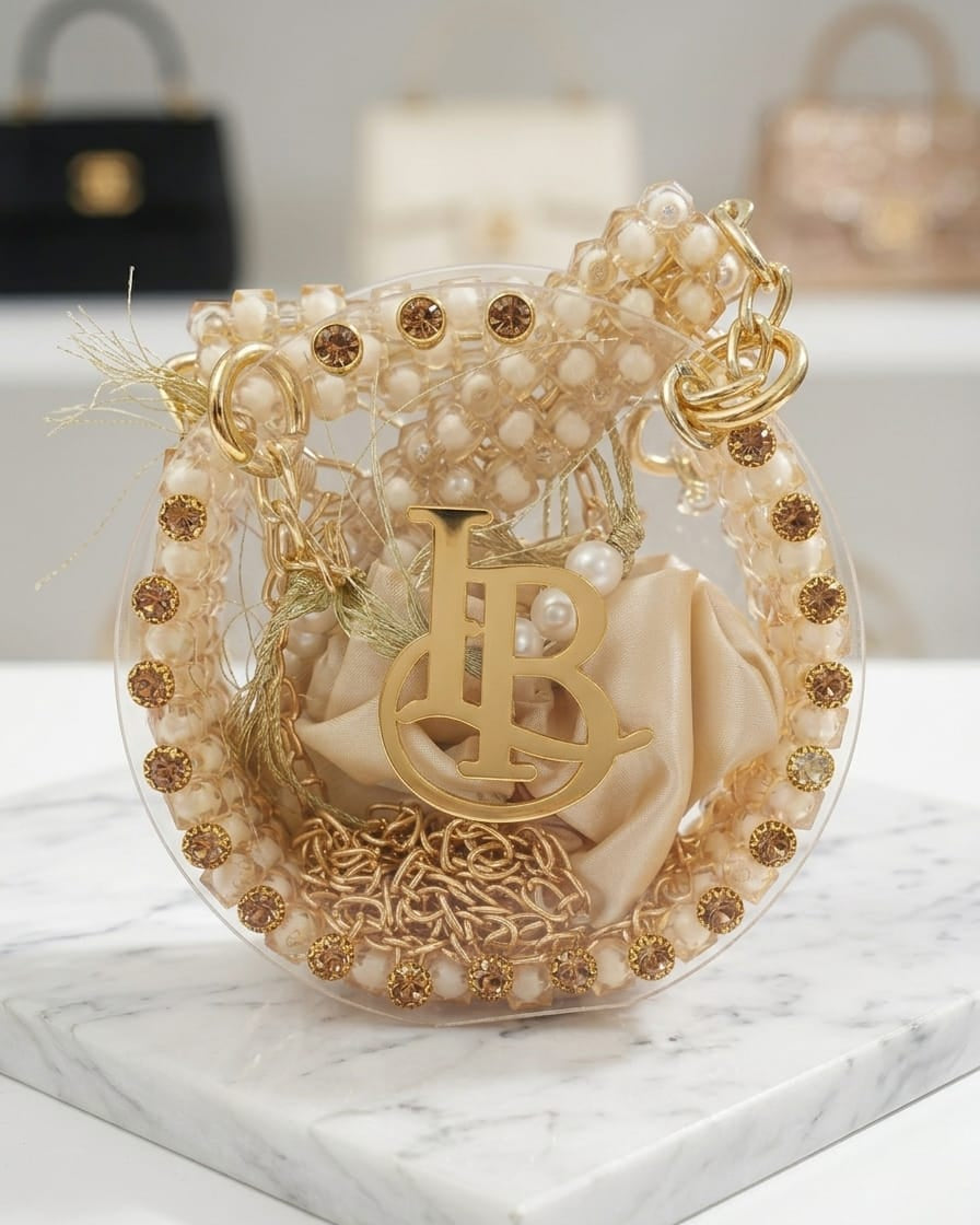 Product Title Luxury Circular Mini Acrylic Bag – Beaded Monogram Statement Clutch with Satin Pouch