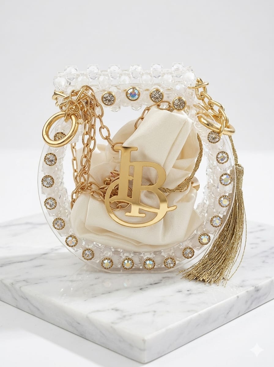 Product Title Luxury Circular Mini Acrylic Bag – Beaded Monogram Statement Clutch with Satin Pouch