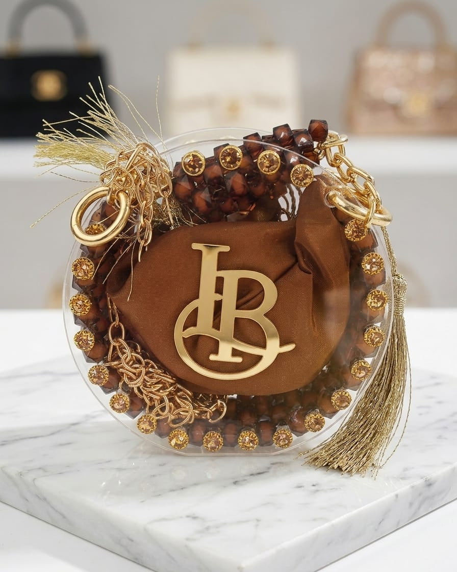 Product Title Luxury Circular Mini Acrylic Bag – Beaded Monogram Statement Clutch with Satin Pouch