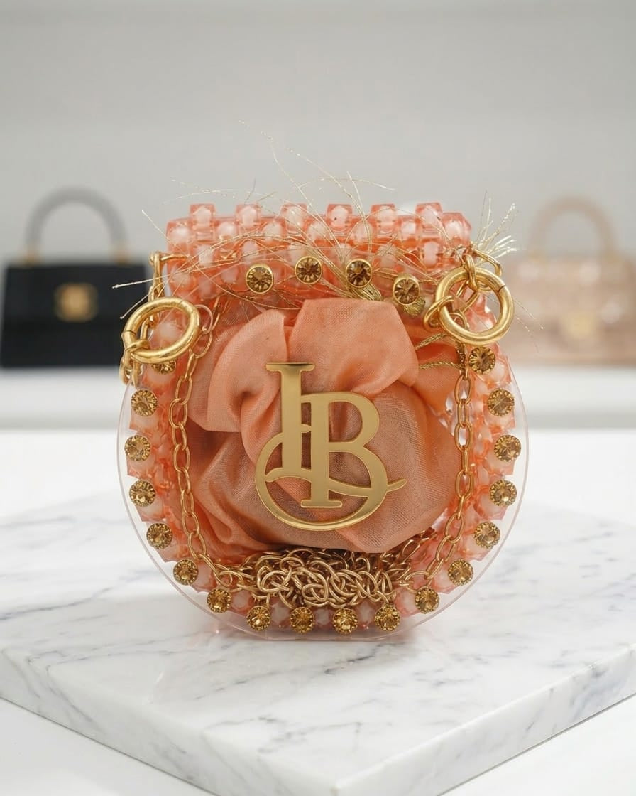 Product Title Luxury Circular Mini Acrylic Bag – Beaded Monogram Statement Clutch with Satin Pouch
