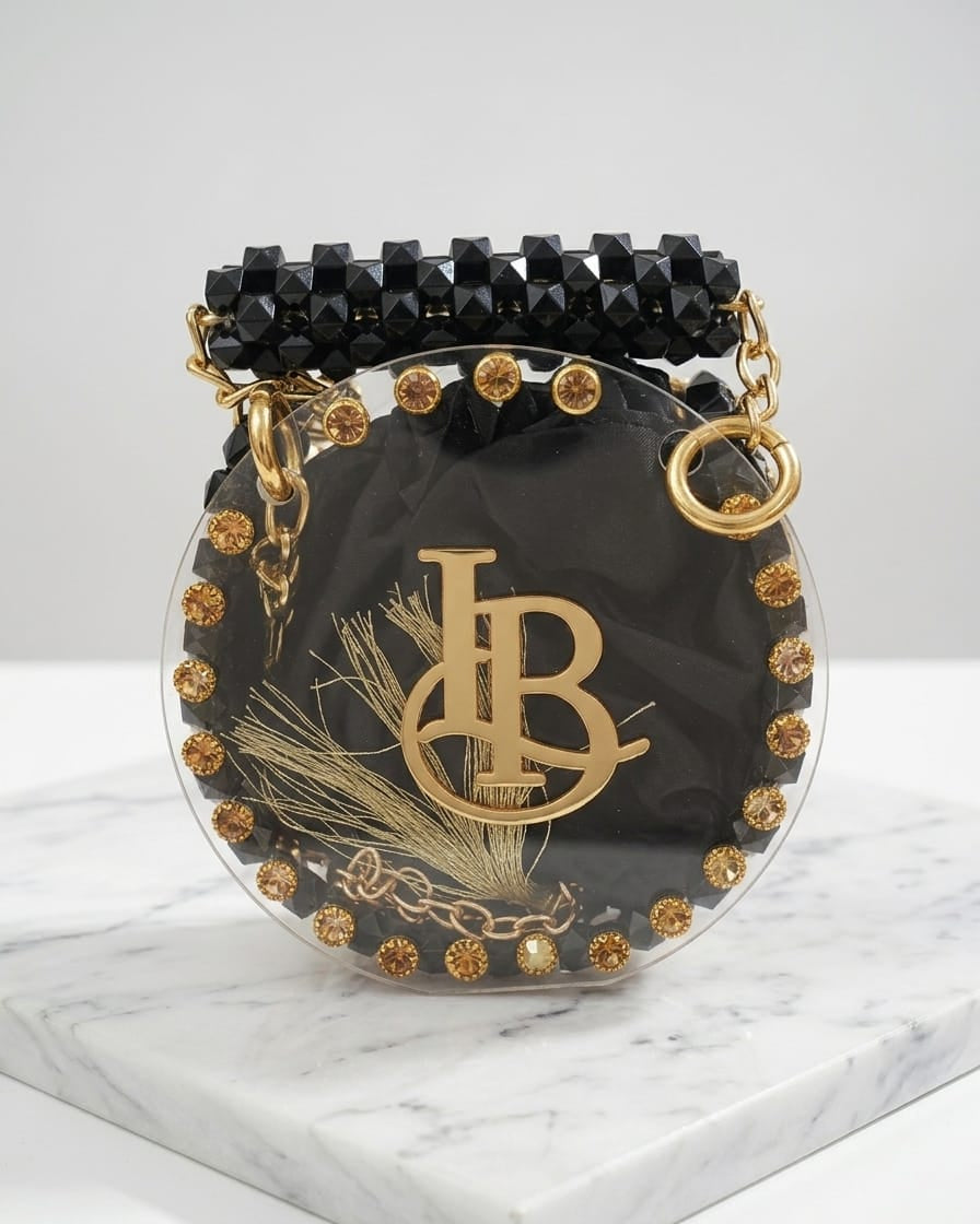 Product Title Luxury Circular Mini Acrylic Bag – Beaded Monogram Statement Clutch with Satin Pouch