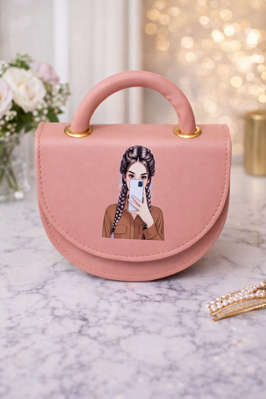 Urban Chic Mini Saddle Bag – Sage Green Vegan Leather Handbag with Lifestyle Graphic