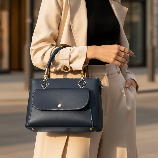 Elegant Structured Top-Handle Satchel – Vintage Inspired Crossbody Handbag with Gold-Tone Hardware