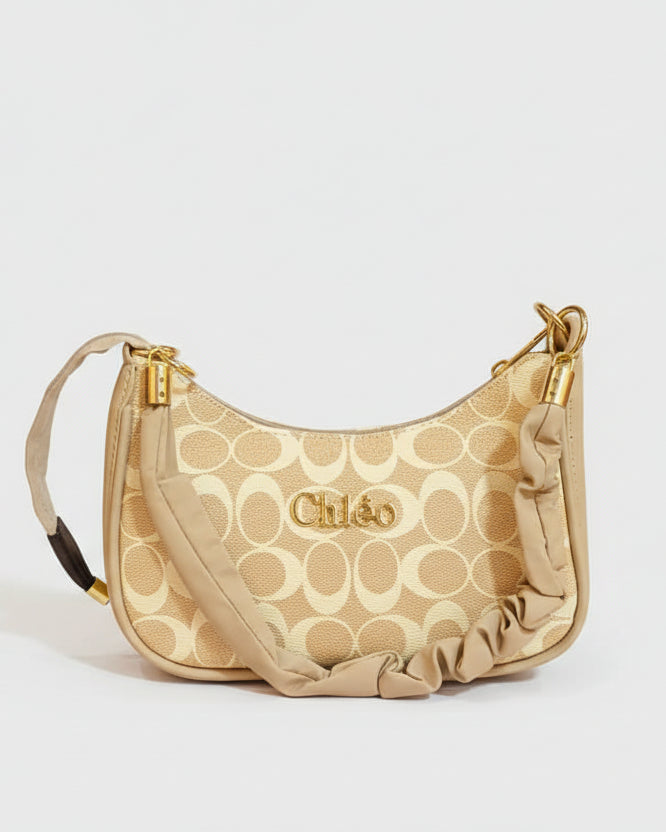 Monogram Crescent Hobo – Beige Jacquard Bag with Ruched Leather Handle