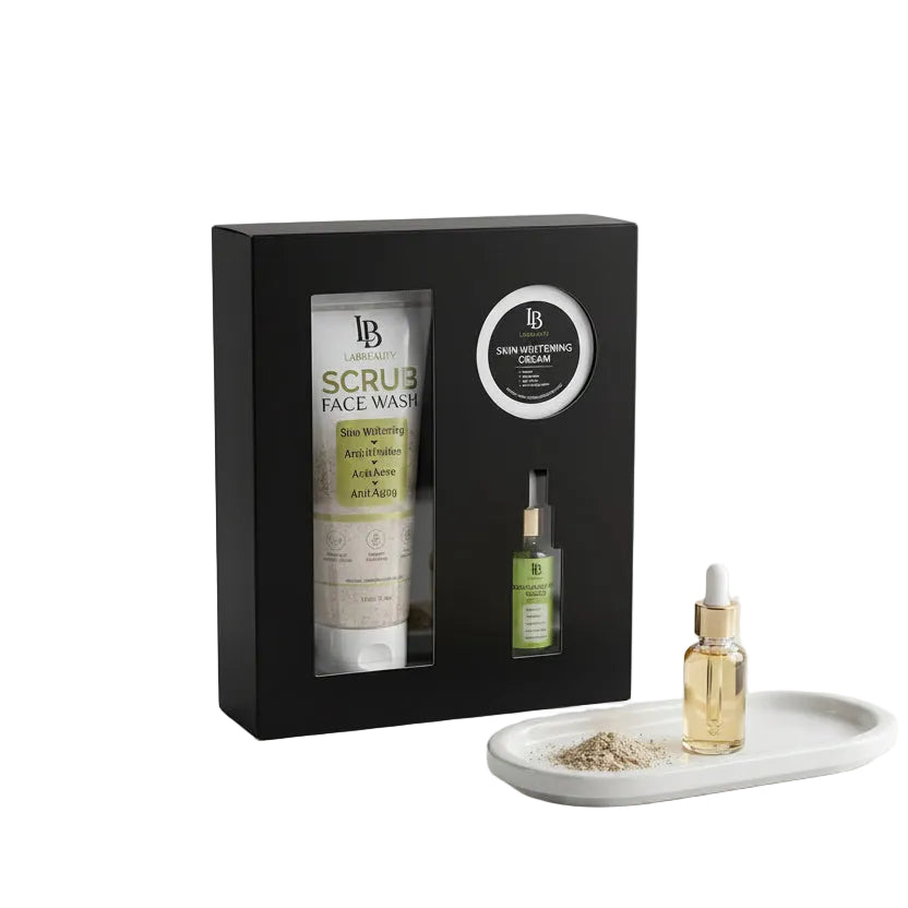 Cosmetic set with face wash, cream, and serum on a marble surface with aloe vera plant.