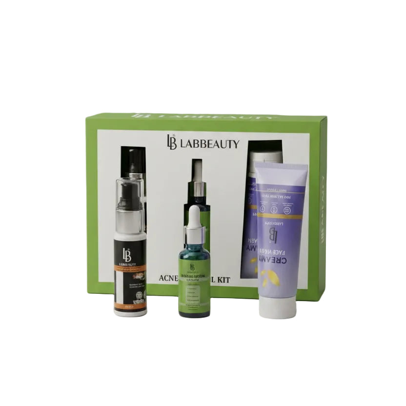 Acne control kit with three bottles in a green box labeled 'Lab Beauty' on a wooden surface.