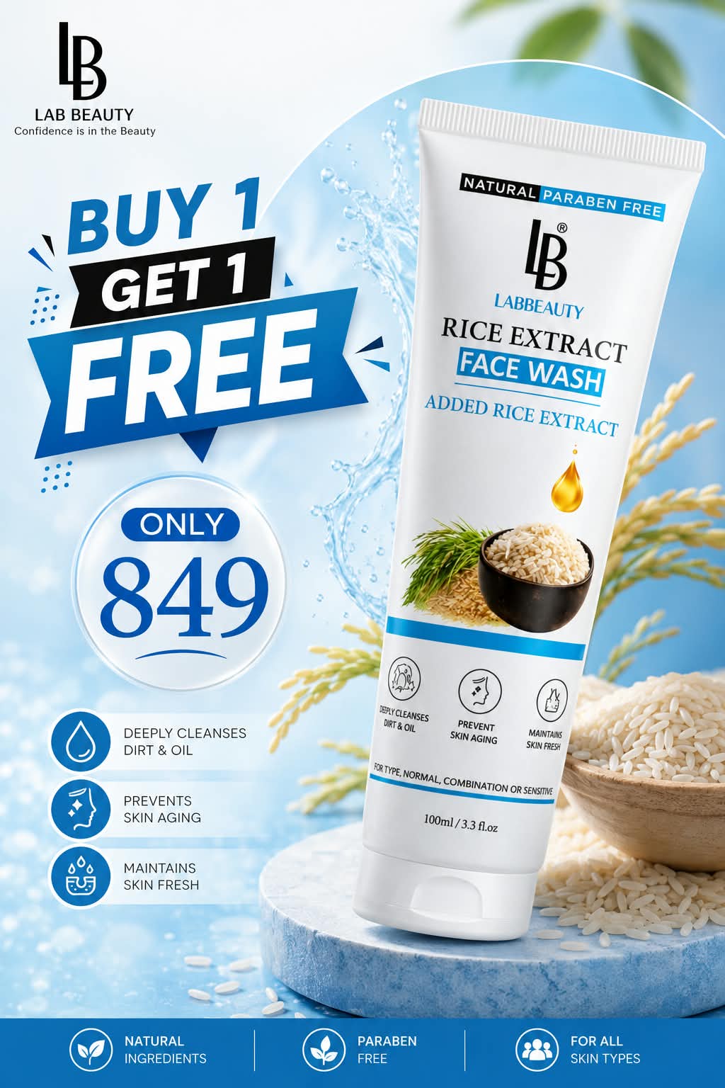 Lab Beauty Rice Extract Face Wash 100ml – (Buy 1 Get 1 Free)