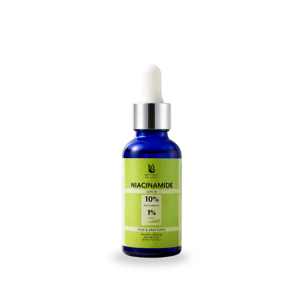 Bottle of niacinamide serum with dropper on a white background