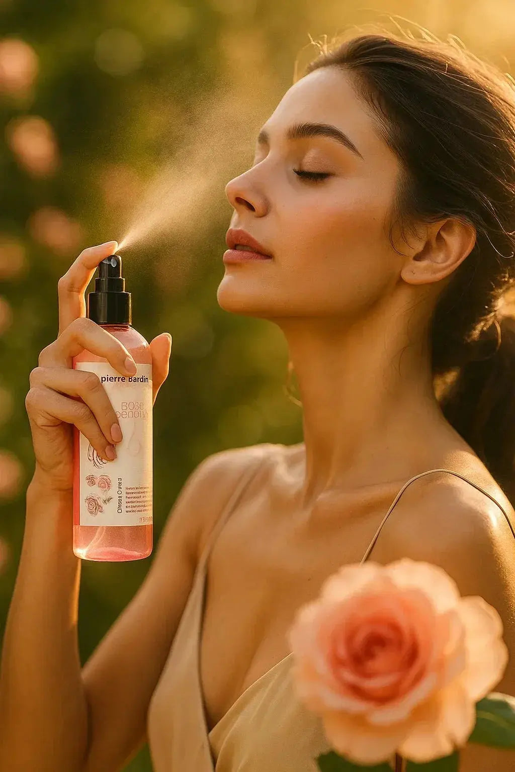 Woman using rose facial mist spray for glowing skin, natural beauty routine with floral essence