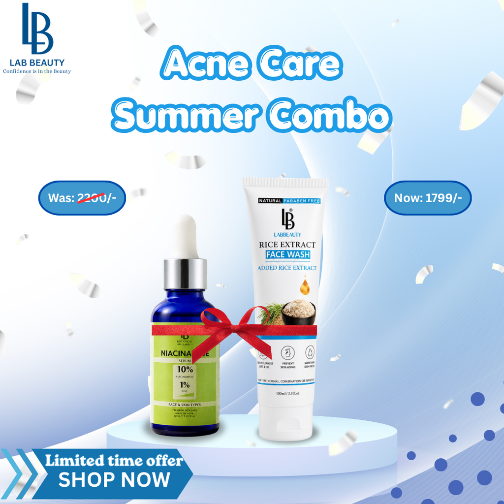 Acne care summer combo with face wash and serum on a blue background, featuring Lab Beauty brand.