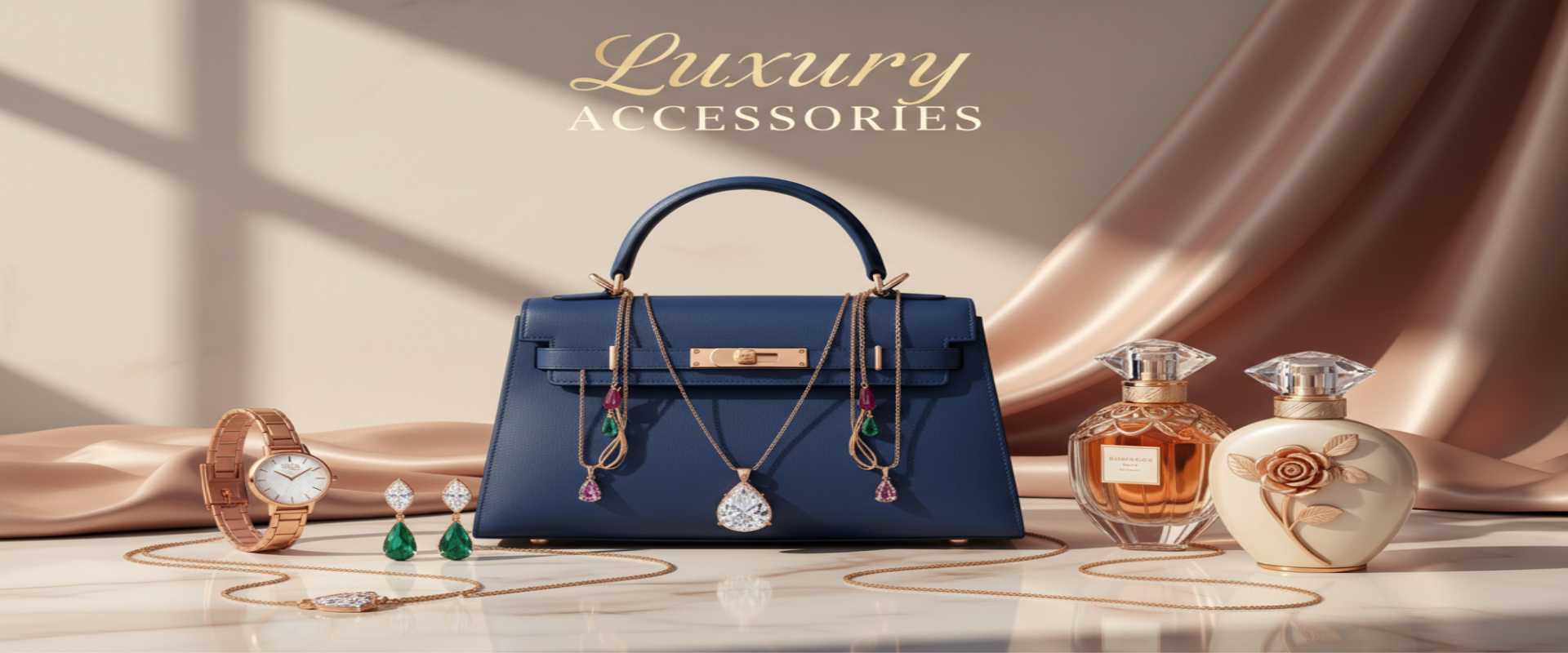 CREATE A BANNER IMAGE INCLUDE THESE THINGS TO SHOW MY STORE PREMIUM WOMAN HAND BAGS, JEWELLERY, WATCHES, PERFUMES 