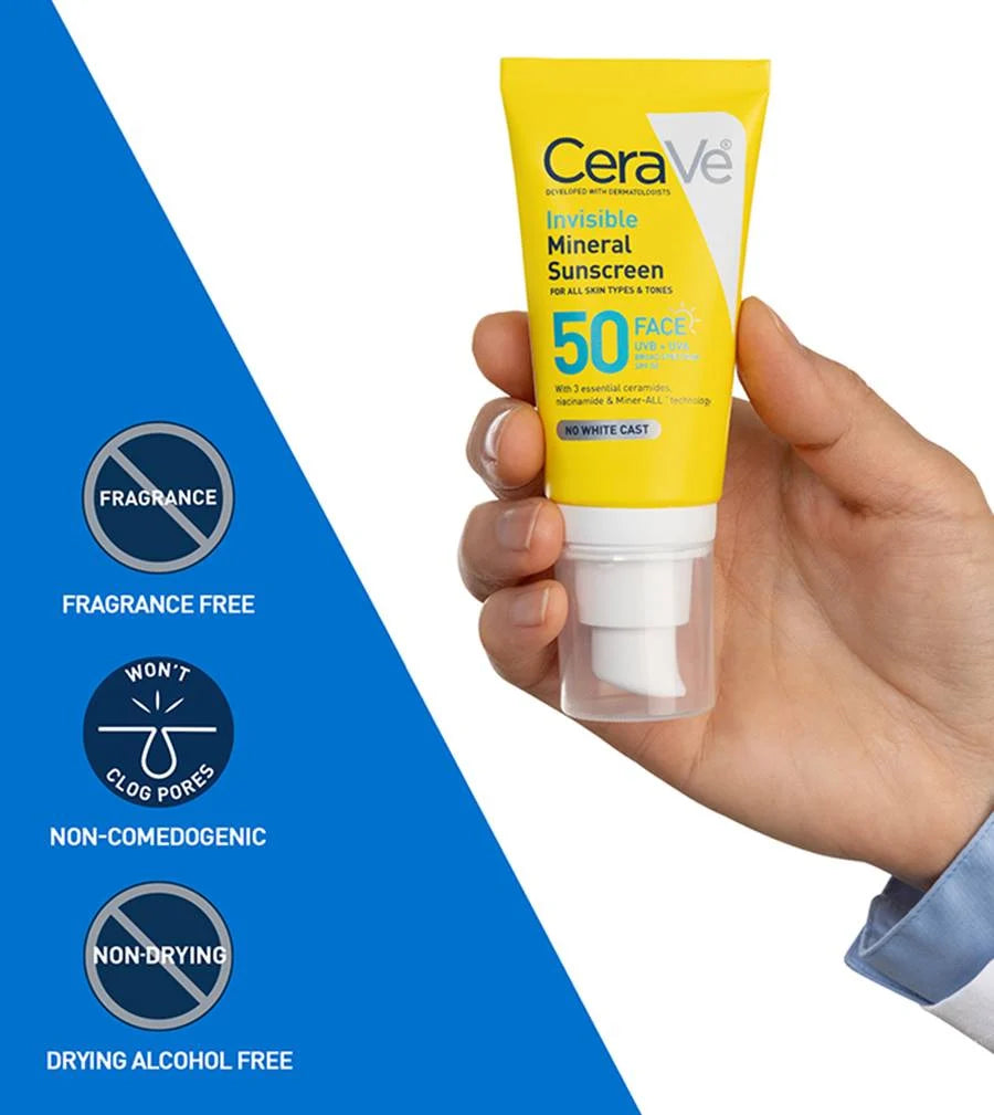 CeraVe Invisible Mineral Sunscreen SPF 50 Face – 100% Mineral Sunscreen for Sensitive Skin