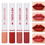 Four lipsticks with 'HEY! GIRL!' branding and color swatches on lips.