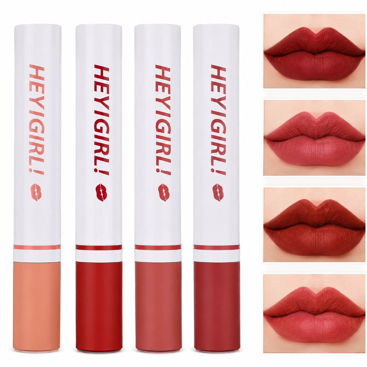Four lipsticks with 'HEY! GIRL!' branding and color swatches on lips.