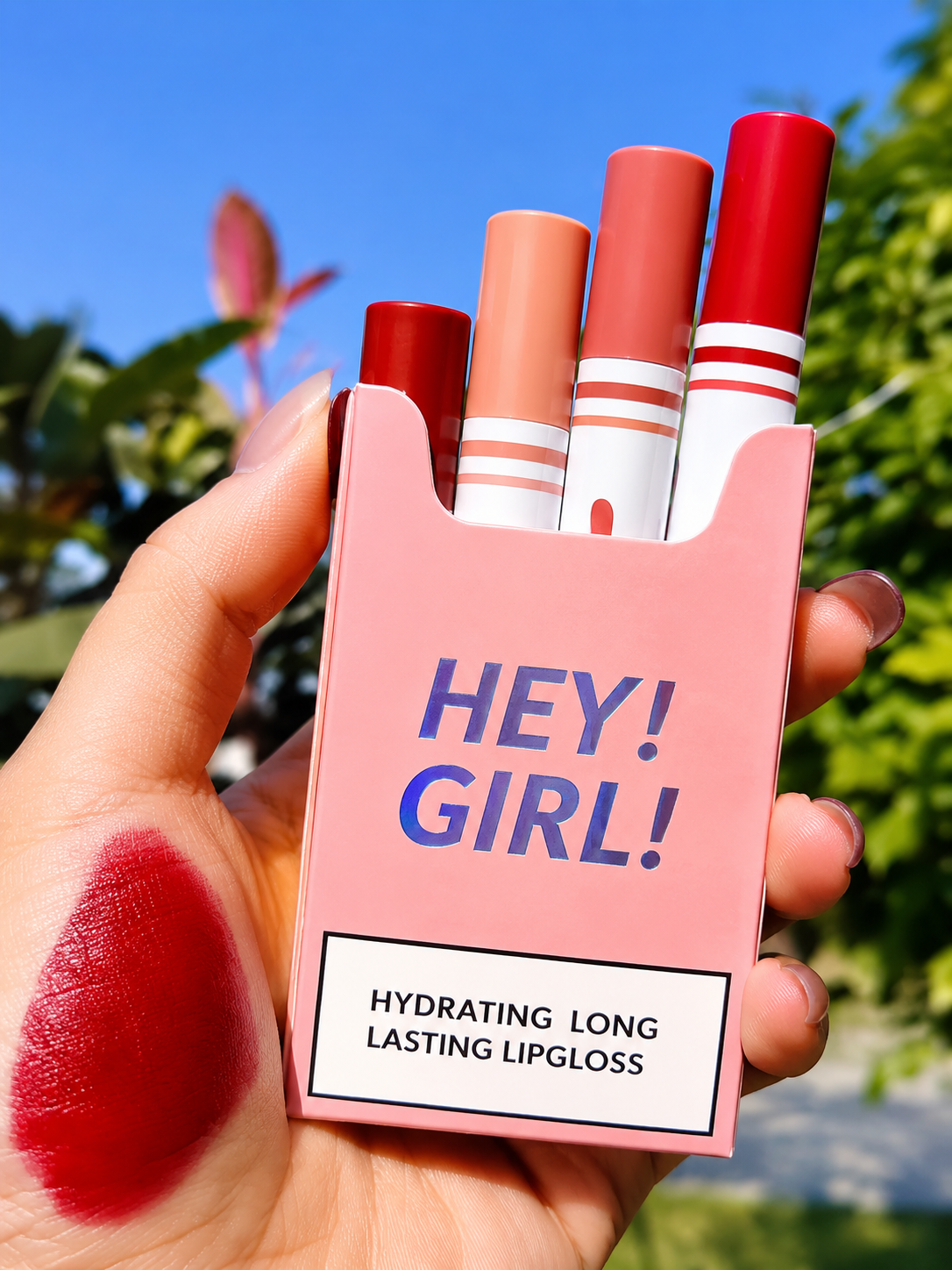 Pink lip gloss case with lipsticks and a swatch on a hand against a blurred natural background