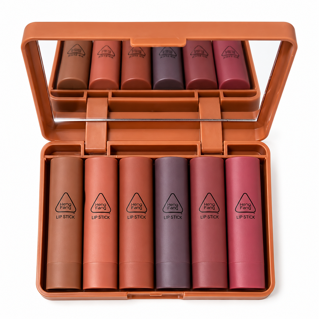 Set of lipsticks in a brown case with visible brand logo.