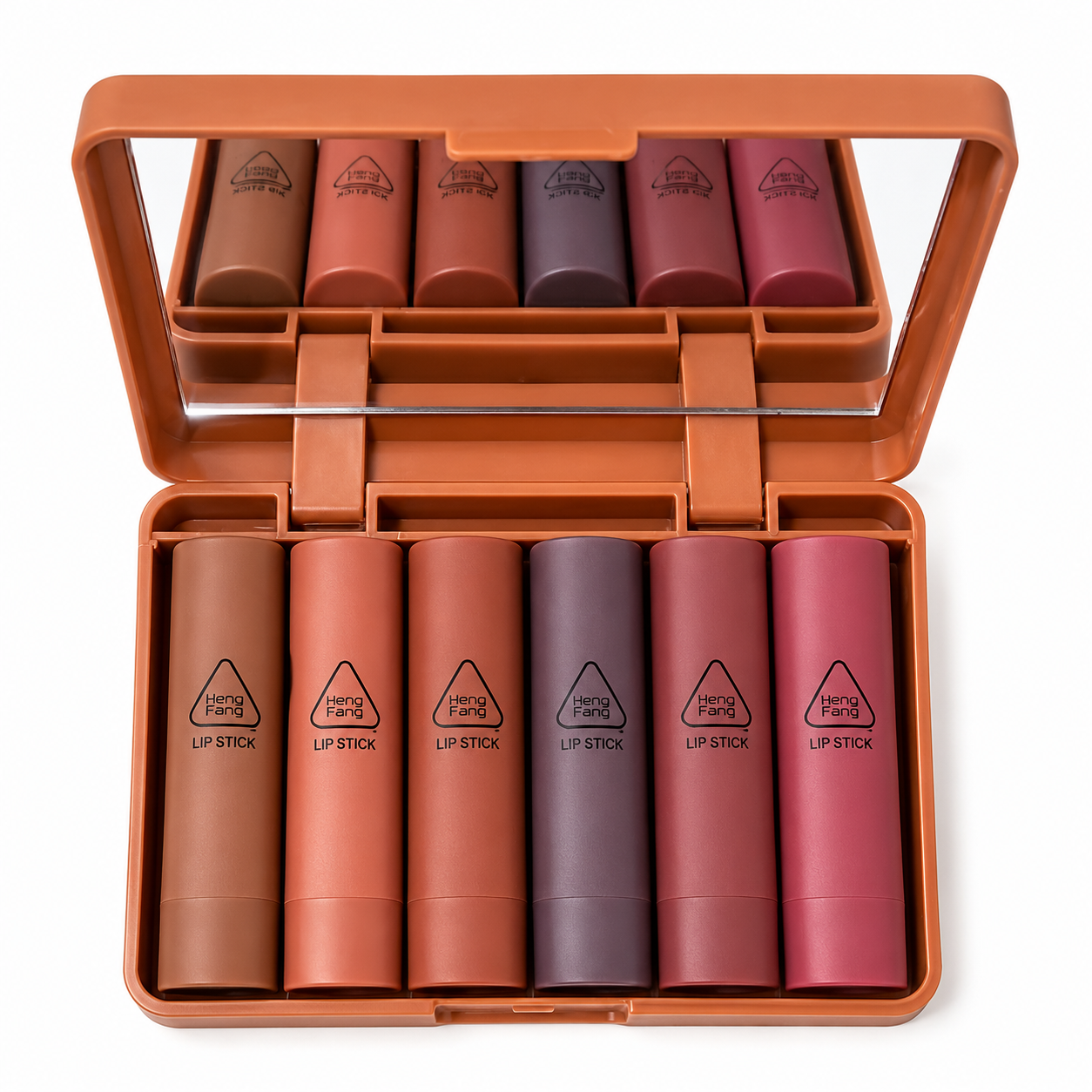 Set of lipsticks in a brown case with visible brand logo.
